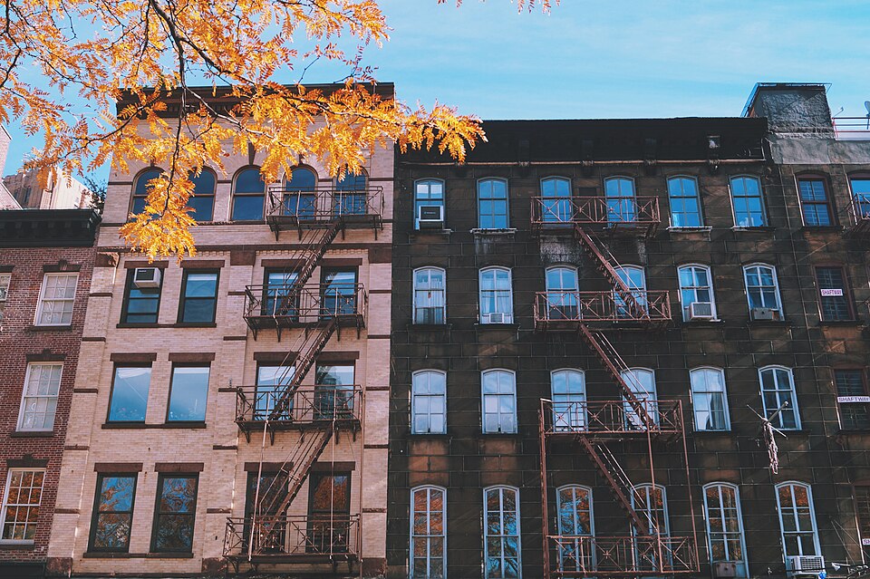 Buildings in NYC with fall leaves